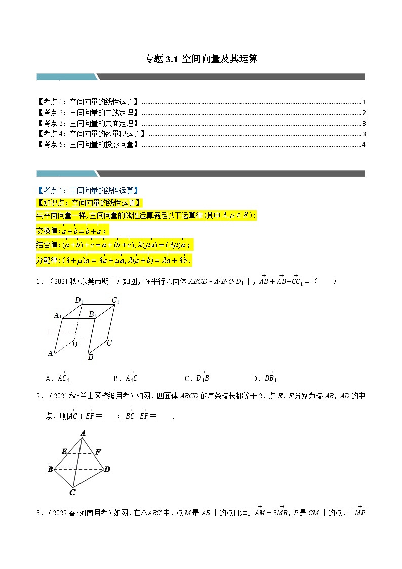 专题3.1 空间向量及其运算（5类必考点）-2023-2024学年高二数学必考考点各个击破（北师大版选择性必修第一册）01