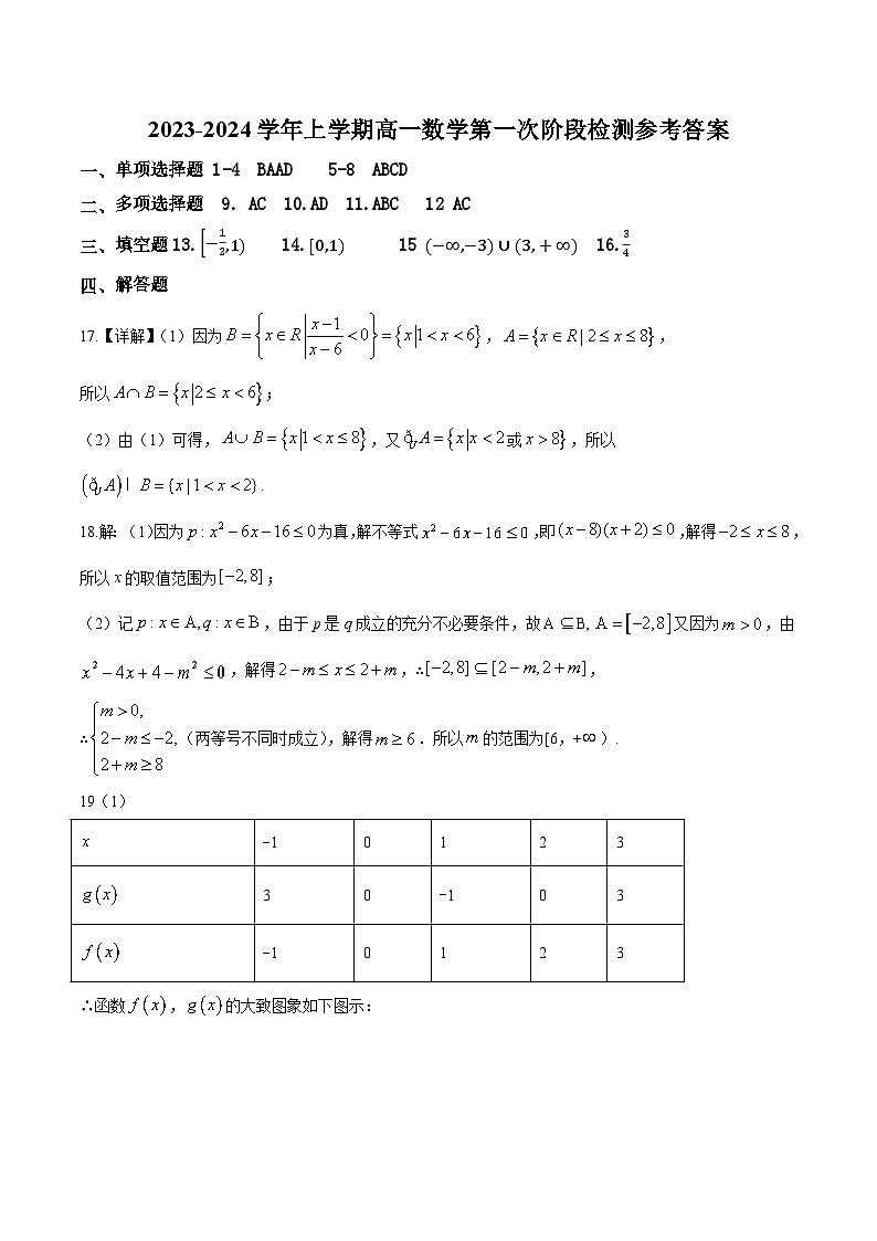 高一数学阶段检测参考答案(1)第1页