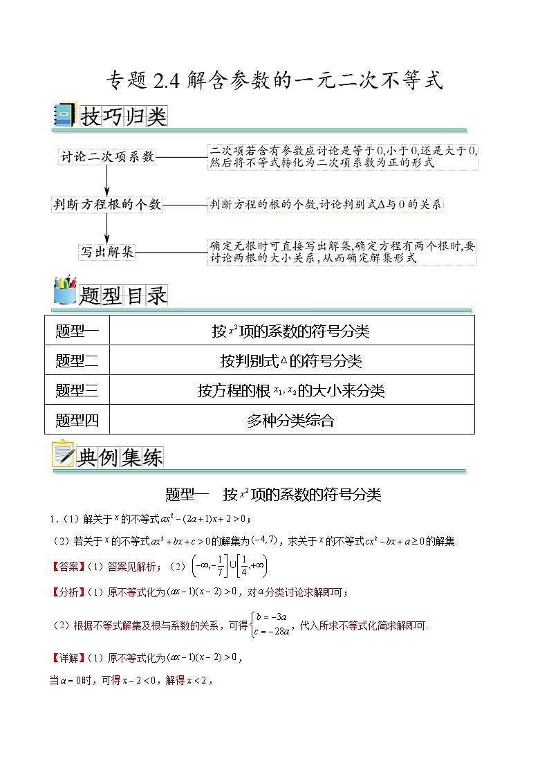 专题2.4 解含参数的一元二次不等式（强化训练）-高一数学重难点突破及混淆易错规避（人教A版必修第一册）01
