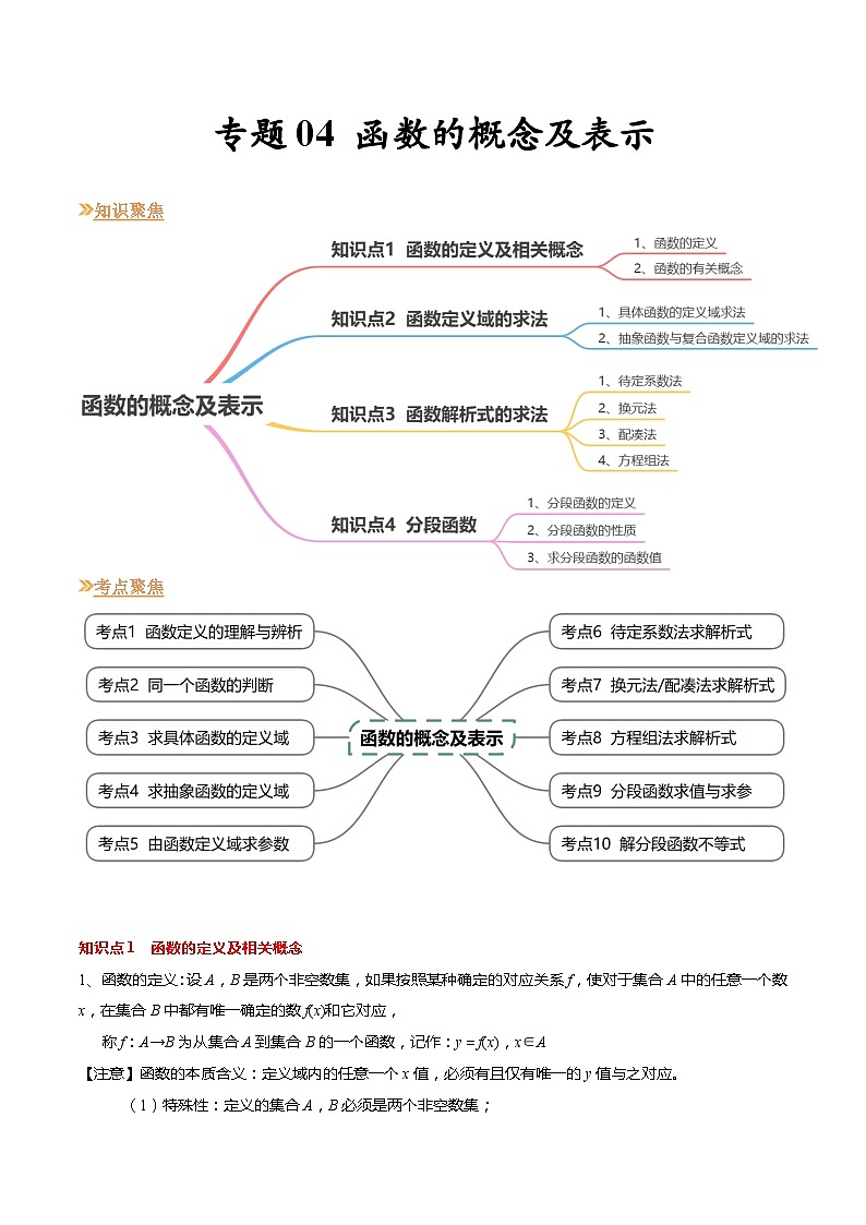 【寒假作业】苏教版2019 高中数学 高一寒假提升训练 专题04 函数的概念及表示（10大考点，知识串讲+热考题型+专题训练）-01