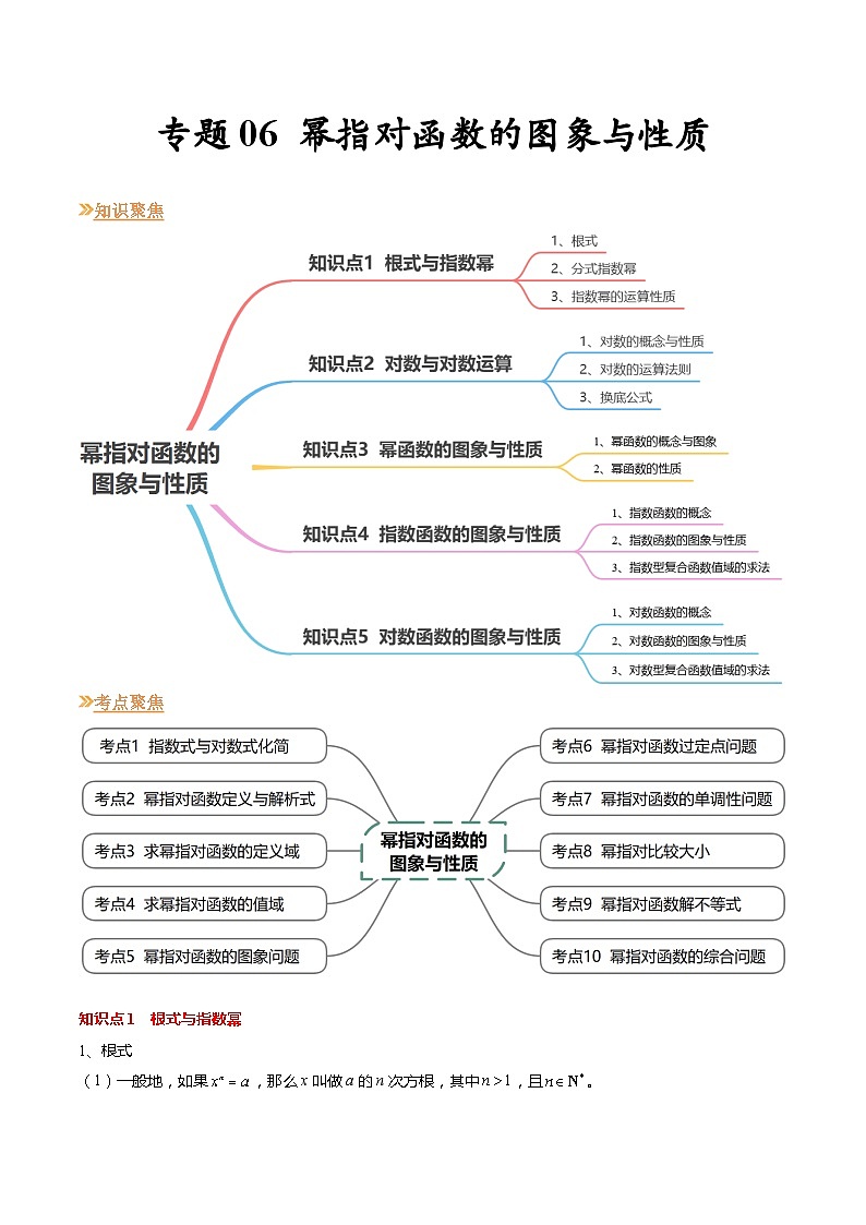 【寒假作业】苏教版2019 高中数学 高一寒假提升训练 专题06  幂指对函数的图象与性质（10大考点，知识串讲+热考题型+专题训练）-01