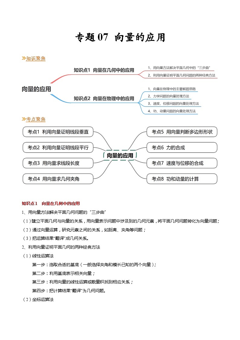 【寒假作业】苏教版2019 高中数学 高一寒假提升训练 专题07+向量的应用（8大考点，知识串讲+热考题型+专题训练）-讲义01