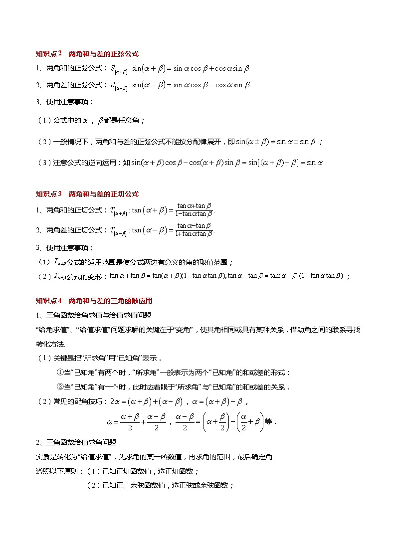 【寒假作业】苏教版2019 高中数学 高一寒假提升训练 专题08+两角和与差的三角函数（10大考点，知识串讲+热考题型+专题训练）-讲义02