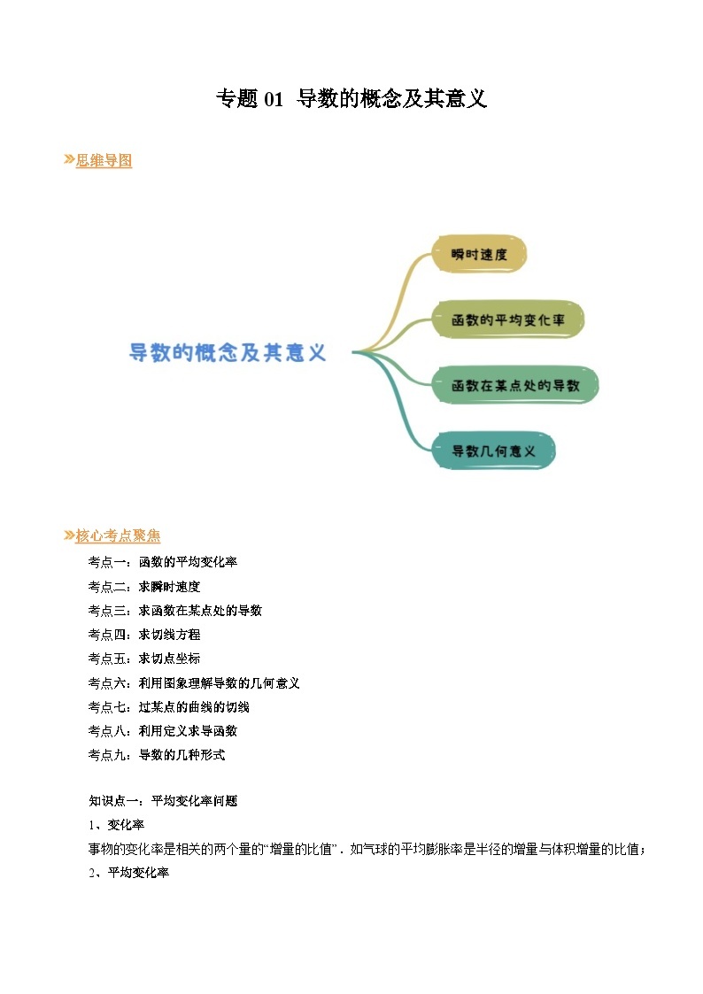 【寒假作业】人教A版2019 高中数学 高二寒假提升训练专题01 导数的概念及其意义 （九大题型）-练习01