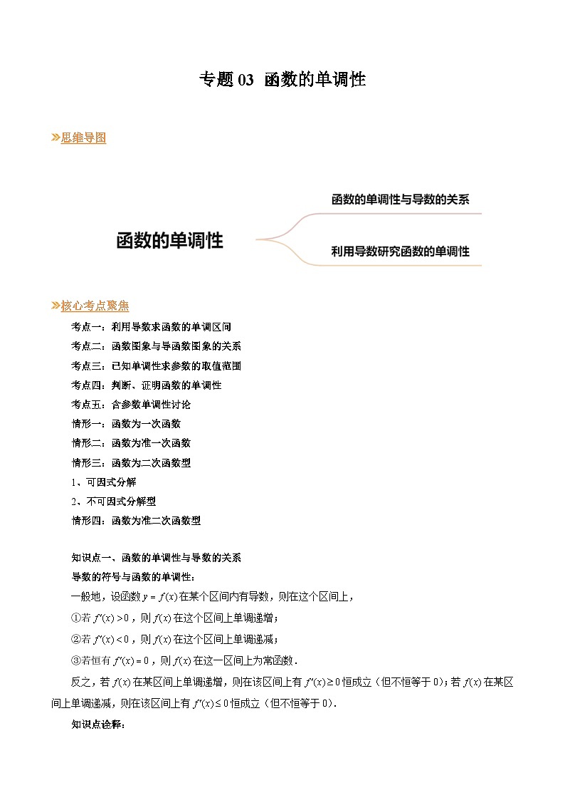 【寒假作业】人教A版2019 高中数学 高二寒假提升训练专题03 函数的单调性（五大考点）-练习01