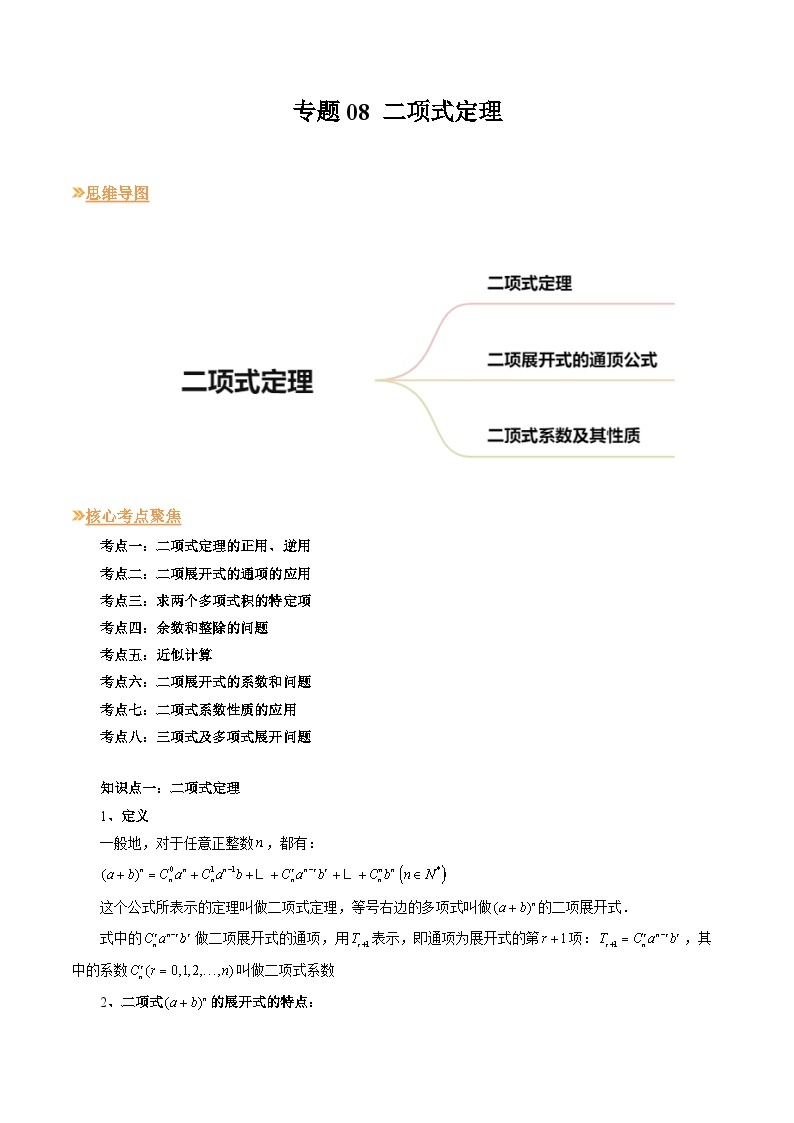 【寒假作业】人教A版2019 高中数学 高二寒假提升训练专题08 二项式定理（八大考点）-练习01