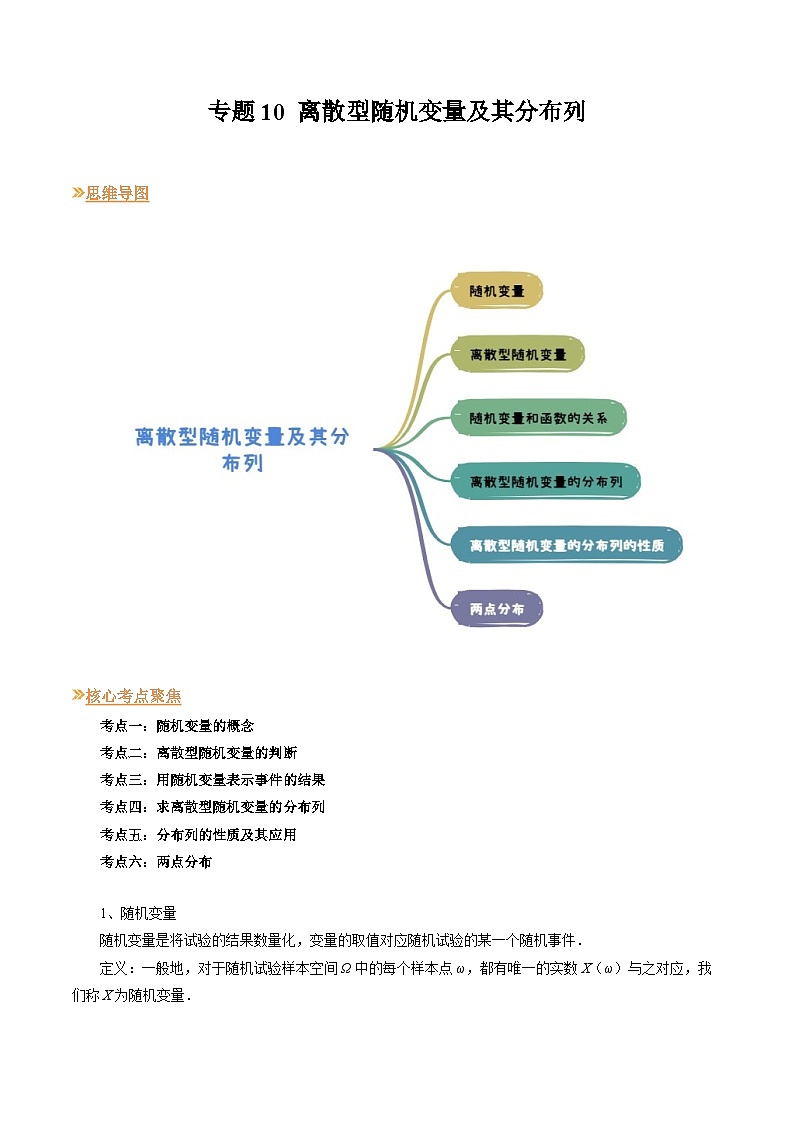 【寒假作业】人教A版2019 高中数学 高二寒假提升训练专题10 离散型随机变量及其分布列（六大考点）-练习01