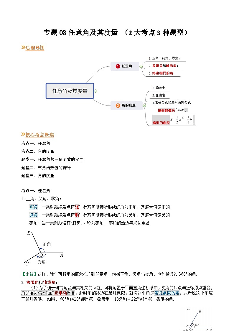 【寒假作业】（沪教版2020）高中数学 高一寒假巩固提升训练 专题03任意角及其度量 （2大考点3种题型）-练习01