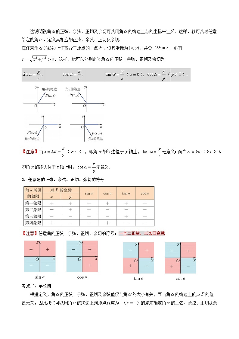 【寒假作业】（沪教版2020）高中数学 高一寒假巩固提升训练 专题04+任意角的正弦、余弦、正切、余切（3大考点+4种题型）-练习02