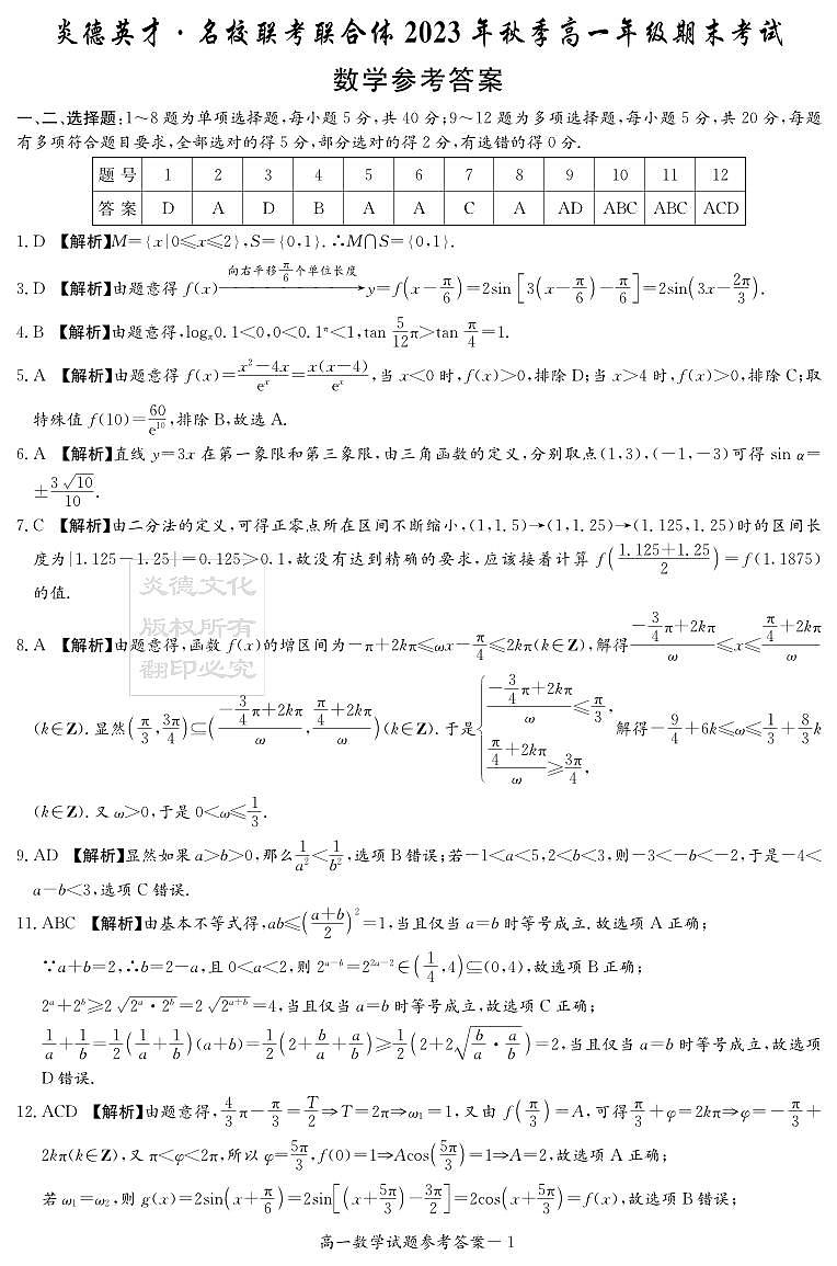 2024炎德英才联合体高一期末考试数学参考答案第1页