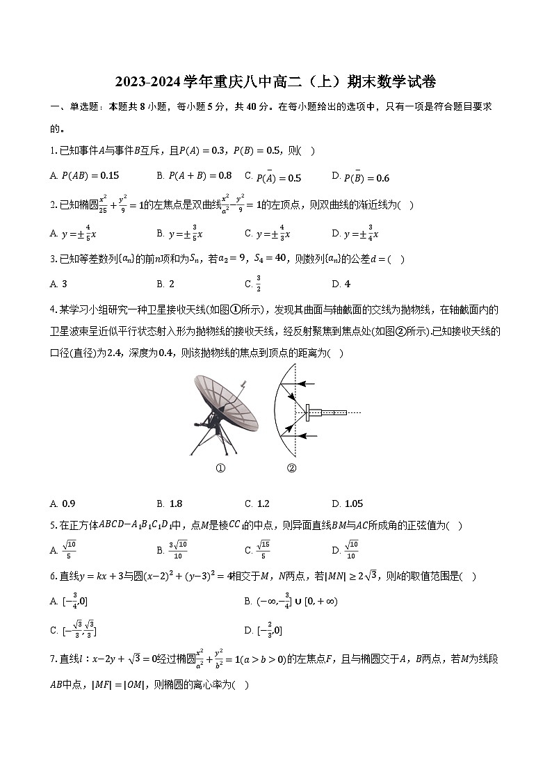 2023-2024学年重庆八中高二（上）期末数学试卷（含解析）第1页