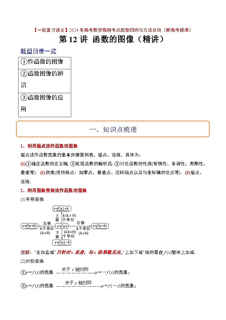 （新高考通用）2024年高考数学【一轮复习讲义】高频考点题型归纳与方法总结  第12讲 函数的图像（精讲）（原卷版+解析）第1页