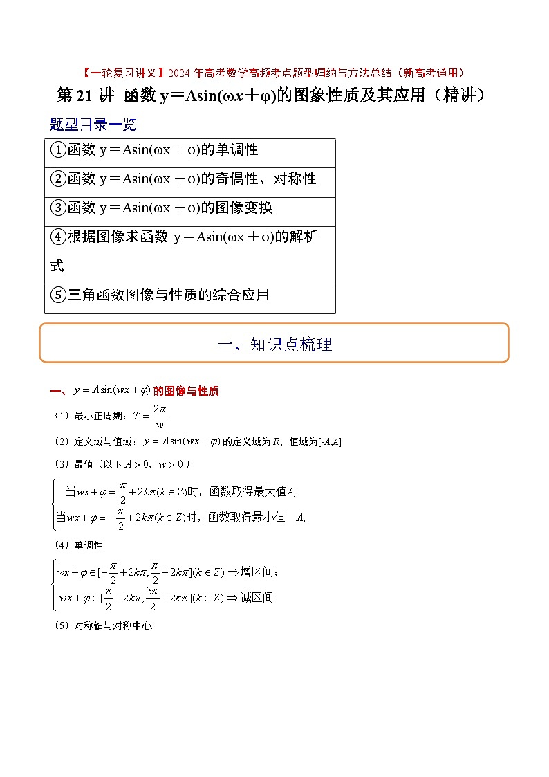 （新高考通用）2024年高考数学【一轮复习讲义】高频考点题型归纳与方法总结  第21讲 函数y＝Asin(ωx＋φ)的图象性质及其应用（精讲）（原卷版+解析）第1页