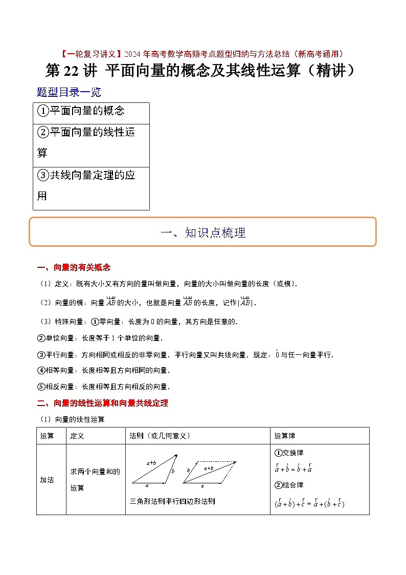 （新高考通用）2024年高考数学【一轮复习讲义】高频考点题型归纳与方法总结  第22讲 平面向量的概念及其线性运算（精讲）（原卷版+解析）01