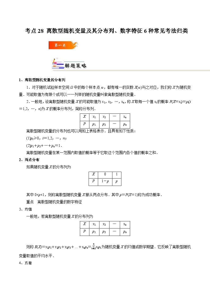 考点28 离散型随机变量及其分布列、数字特征6种常见考法归类-高二数学题型归纳与解题策略(人教A版选择性必修第三册)（解析版）第1页