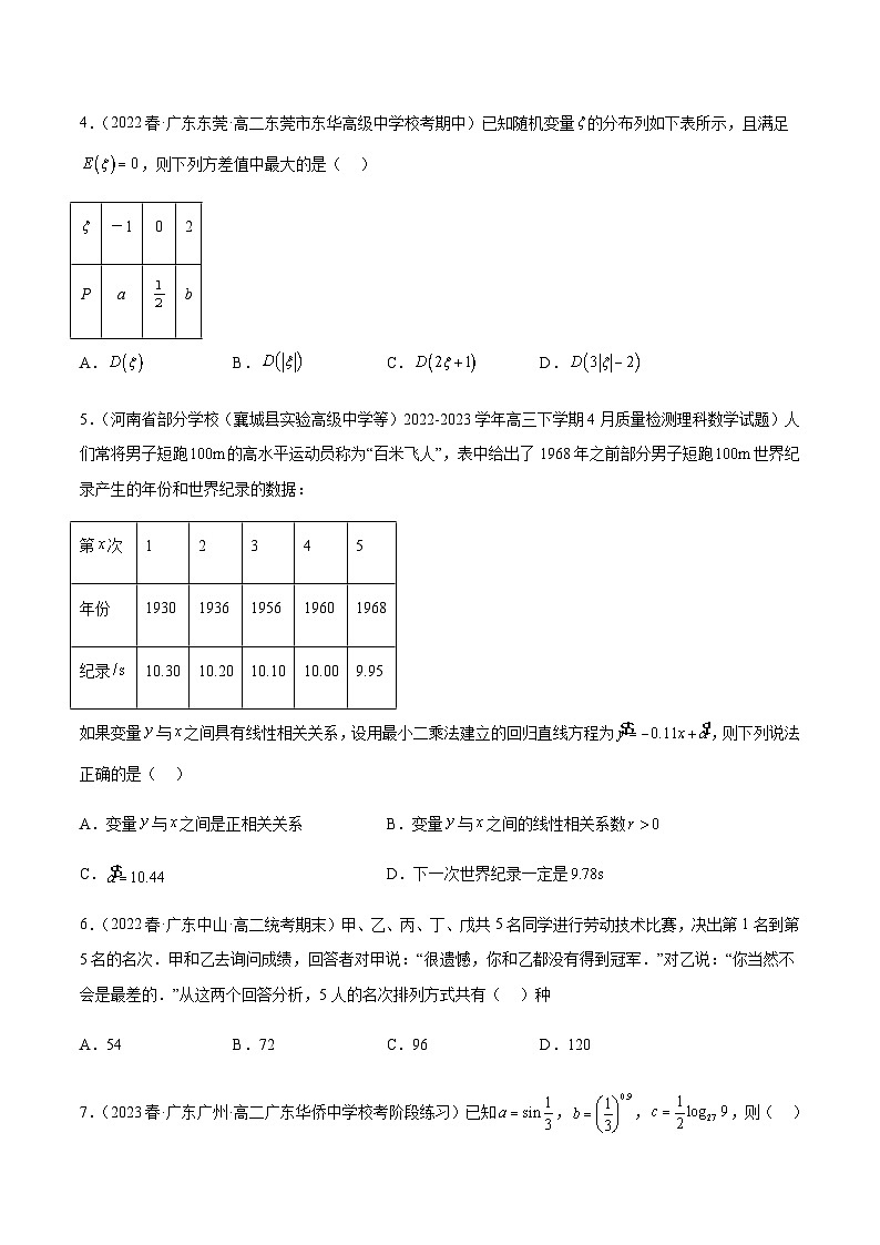 高二下学期第二次月考测试卷（数列、导数、计数原理、随机变量及其分布列、相关性及回归分析）（原卷版）第2页