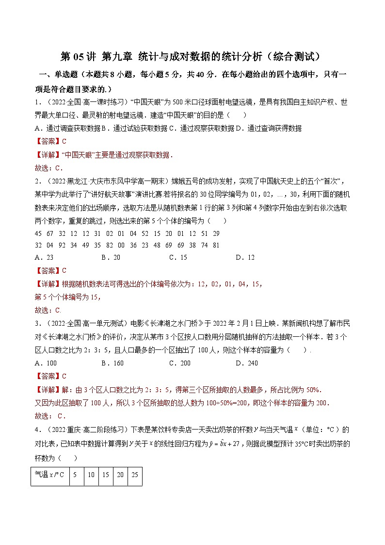 第05讲 第九章 统计与成对数据的统计分析（综合测试）（解析版）第1页