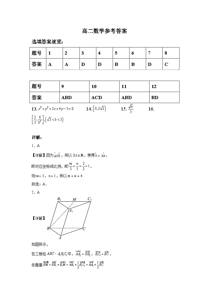 2024湖北省部分学校高二上学期期末联考数学试卷含答案01