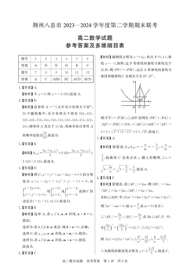 湖北省荆州市八县市区2023-2024学年高二上学期1月期末联合考试数学试题答案第1页