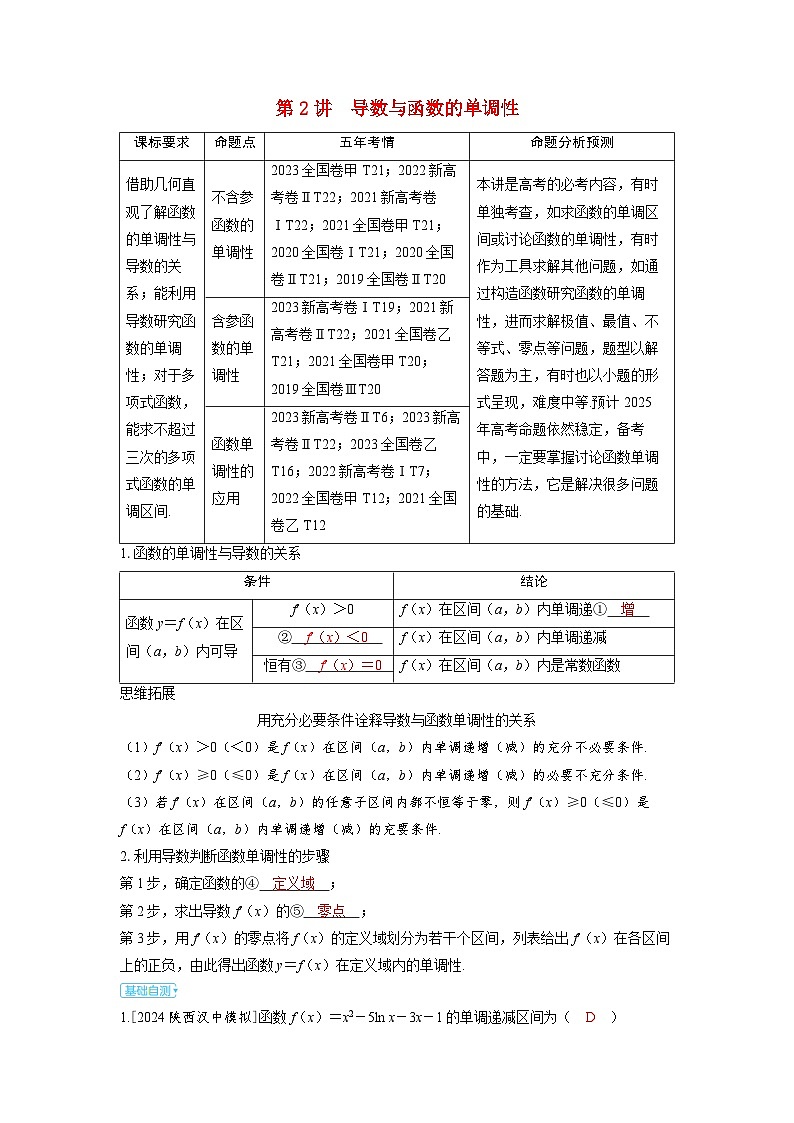 备考2024届高考数学一轮复习讲义第三章一元函数的导数及其应用第2讲导数与函数的单调性第1页