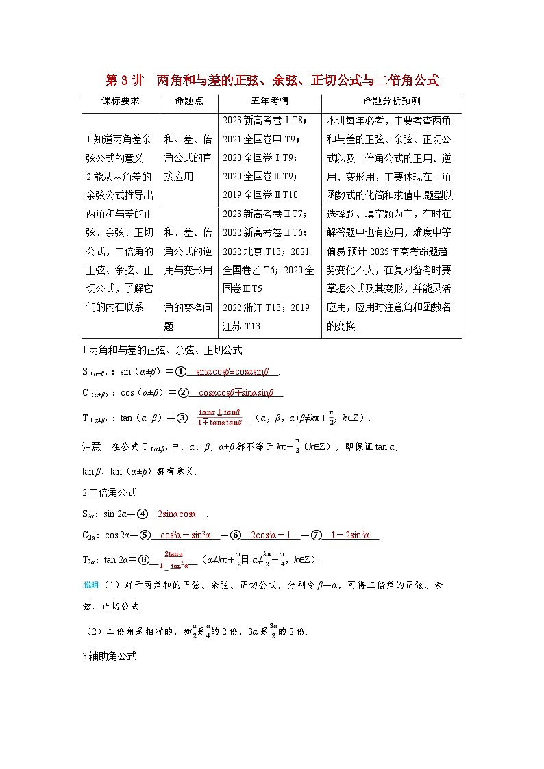 备考2024届高考数学一轮复习讲义第四章三角函数第3讲两角和与差的正弦余弦正切公式与二倍角公式第1页