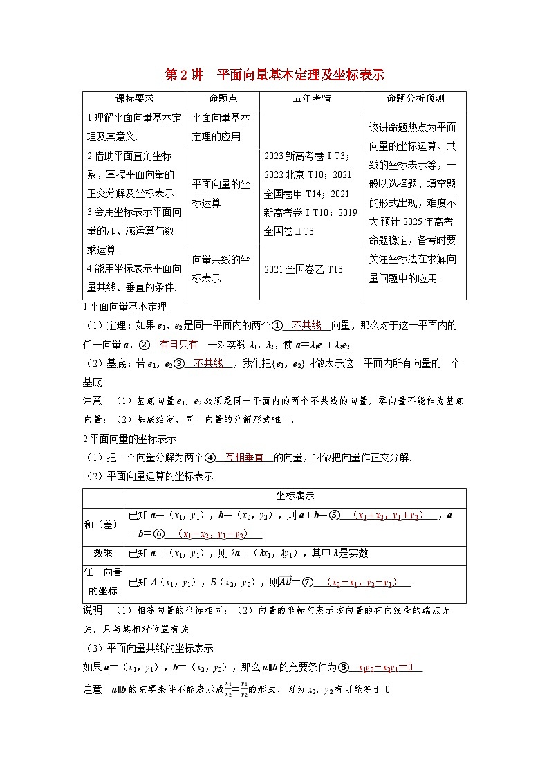 备考2024届高考数学一轮复习讲义第六章平面向量复数第2讲平面向量基本定理及坐标表示第1页