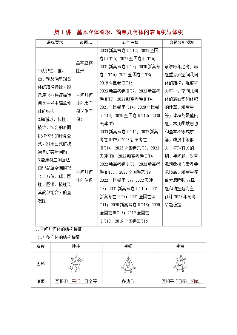 备考2024届高考数学一轮复习讲义第七章立体几何与空间向量第1讲基本立体图形简单几何体的表面积与体积第1页