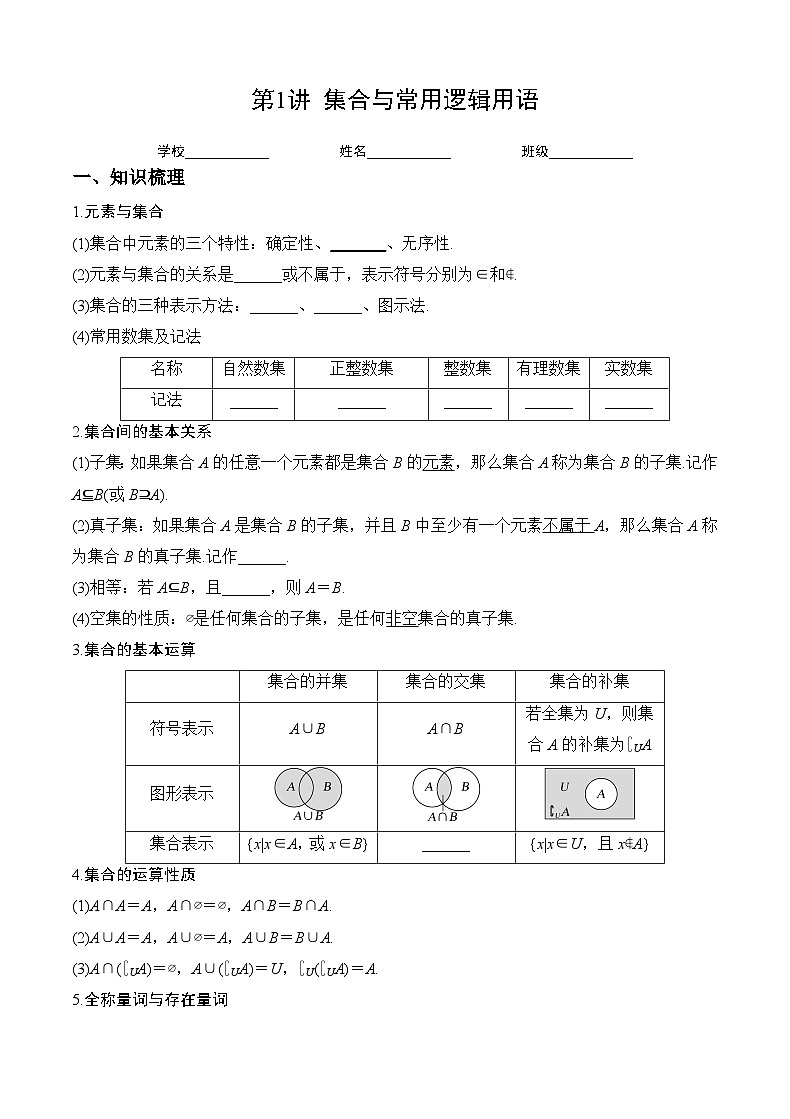 （人教A版2019必修第一册）高考数学（精讲精练）必备 第1讲 集合与常用逻辑用语（讲义+解析）第1页