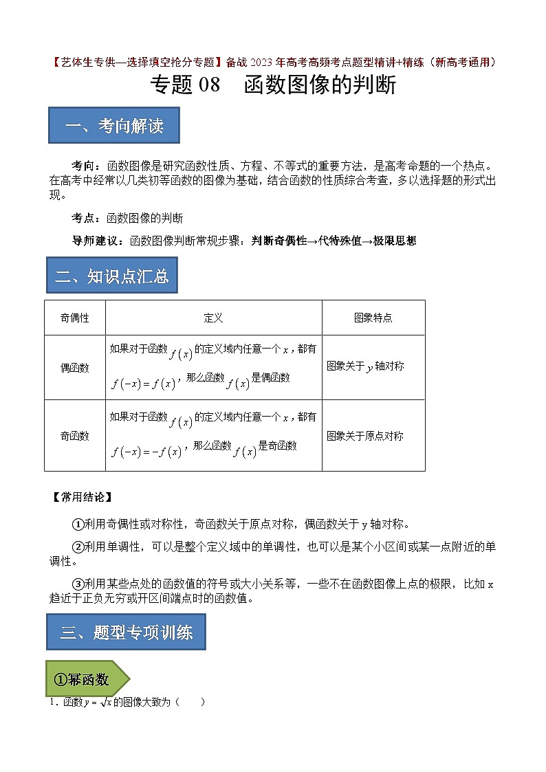 备战2024年高考数学一轮复习艺体生高频考点专用复习讲义word版专题08 函数图像的判断【艺体生专供—选择填空抢分专题】备战2024年高考高频考点题型精讲+精练（新高考通用）解析版01