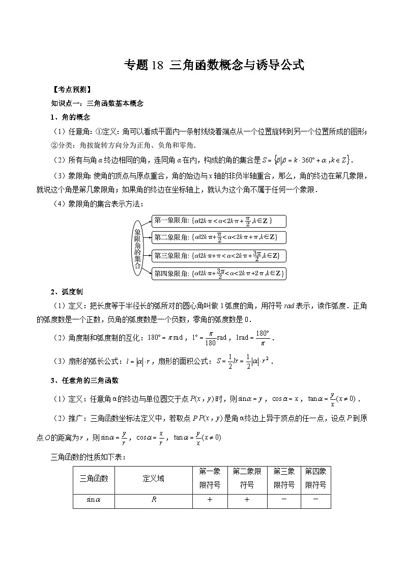 备战2024高考数学艺体生一轮复习40天突破90分讲义word版专题18 三角函数概念与诱导公式（原卷版）01