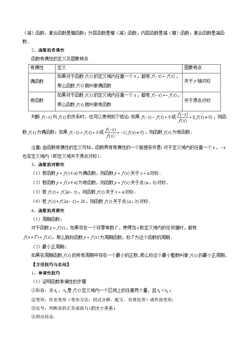 备战2024高考数学艺体生一轮复习40天突破90分讲义word版专题07 函数的性质-单调性、奇偶性、周期性（原卷版）02