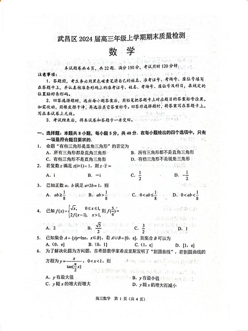 2024届湖北省武汉市武昌区高三上学期期末质量检测数学试题第1页