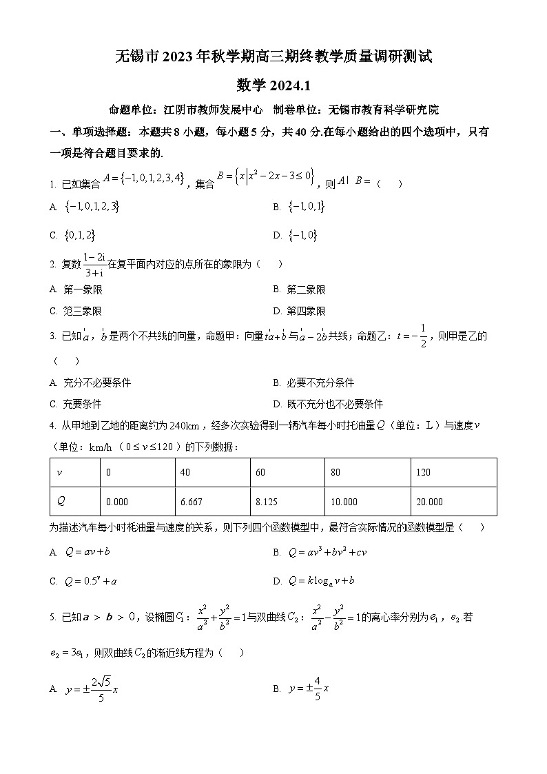 江苏省无锡市2024届高三上学期期终教学质量调研测试数学试题无答案第1页