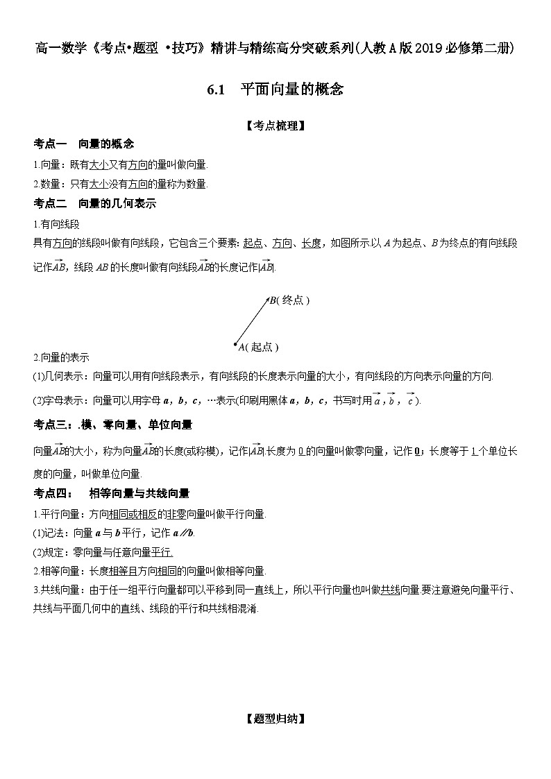 （人教A版2019必修第二册）数学《考点•题型 •技巧》精讲与精练高分突破 6.1 平面向量的概念【附答案详解】01