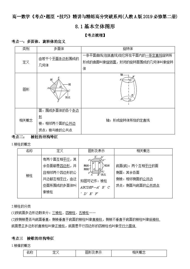 （人教A版2019必修第二册）数学《考点•题型 •技巧》精讲与精练高分突破 8.1 基本立体图形【附答案详解】第1页