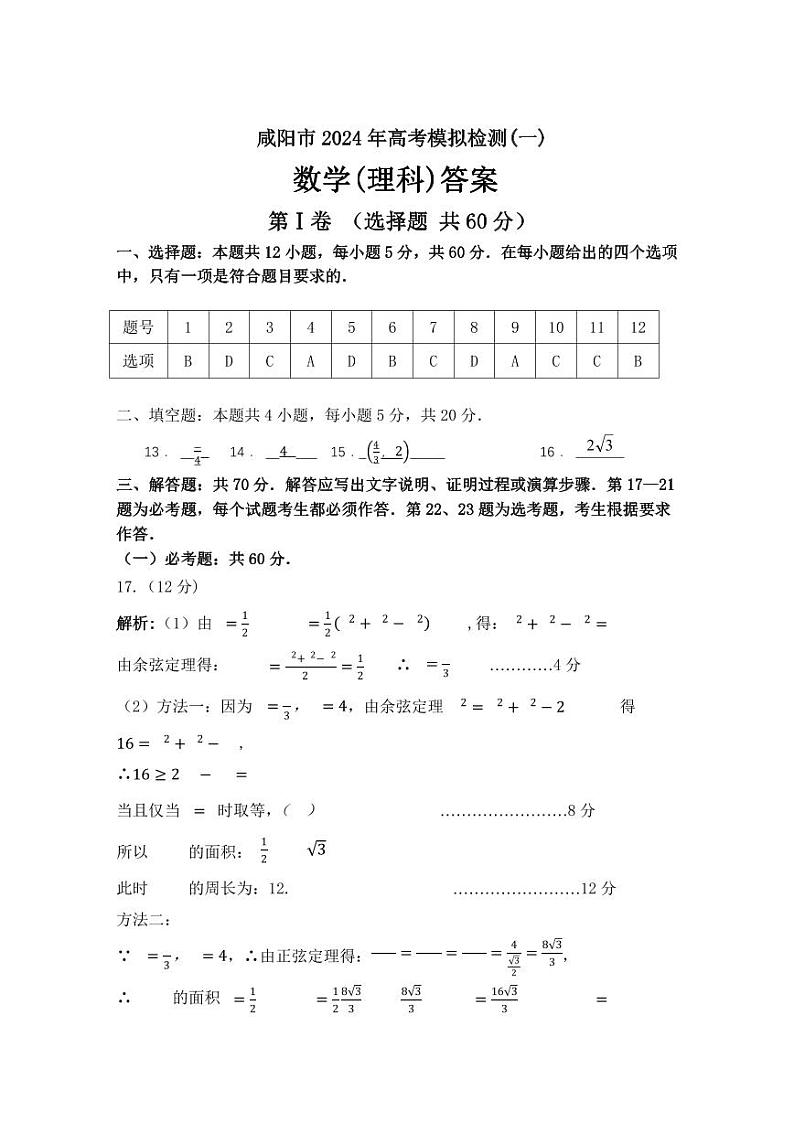 2024年咸阳市高三年级一模（理）数学试题及参考答案01
