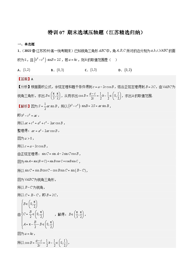 特训07 期末选填压轴题（江苏精选归纳）-2023-2024学年高一数学下学期期中期末复习高分突破（苏教版必修第二册）01