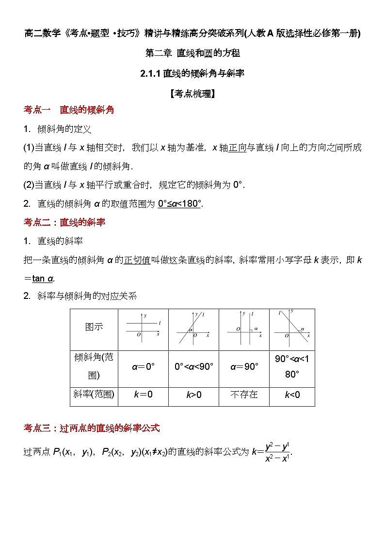 （人教A版2019选择性必修第一册）高二数学《考点题型 技巧》精讲与精练高分突破 2.1.1 直线的倾斜角与斜率【附答案详解】第1页