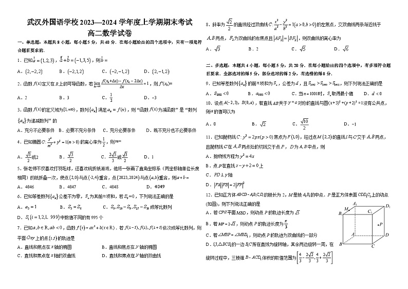湖北省武汉外国语学校2023-2024学年高二上学期期末考试数学试题（Word版附答案）01