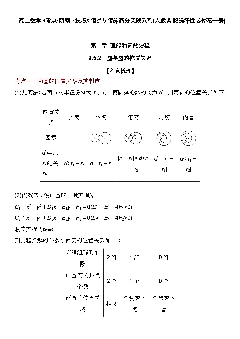 （人教A版2019选择性必修第一册）高二数学《考点题型 技巧》精讲与精练高分突破 2.5.2 圆与圆的位置关系【附答案详解】01