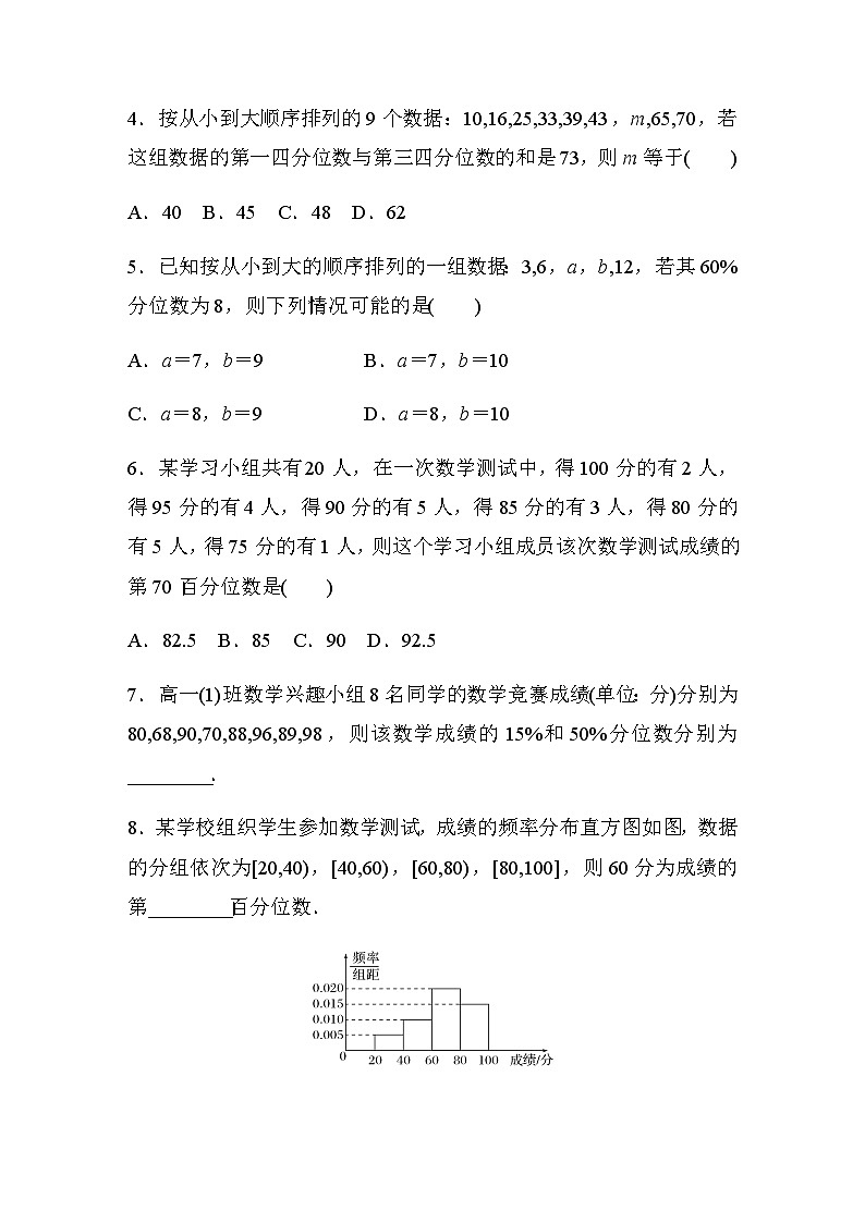 第九章 9.2.2　总体百分位数的估计 课时练（含答案）—2024春高中数学人教A版必修第二册02
