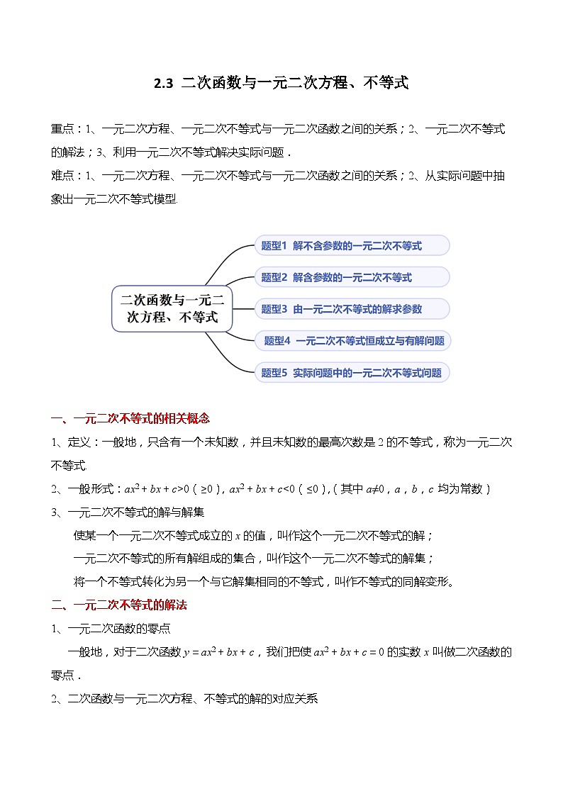 2.3 二次函数与一元二次方程、不等式（5大题型）精讲（解析版）第1页