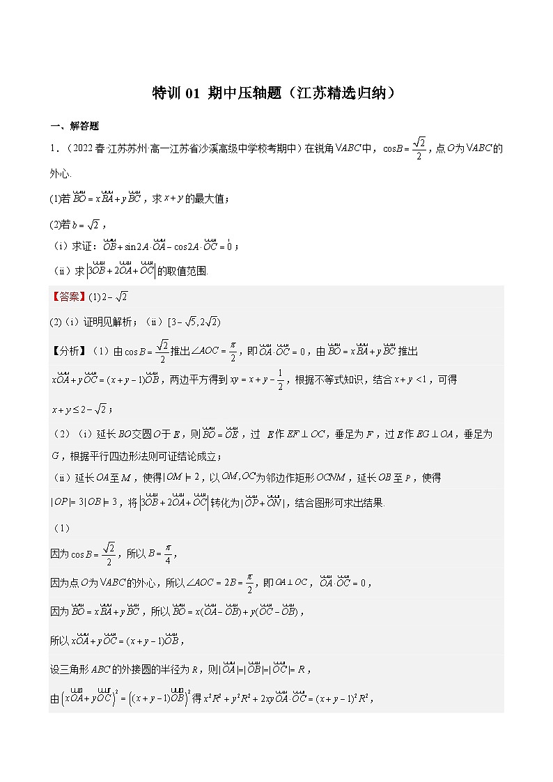 特训01 期中压轴题（江苏精选归纳）-2023-2024学年高一数学下学期期中期末重难点冲刺（苏教版2019必修第二册）01