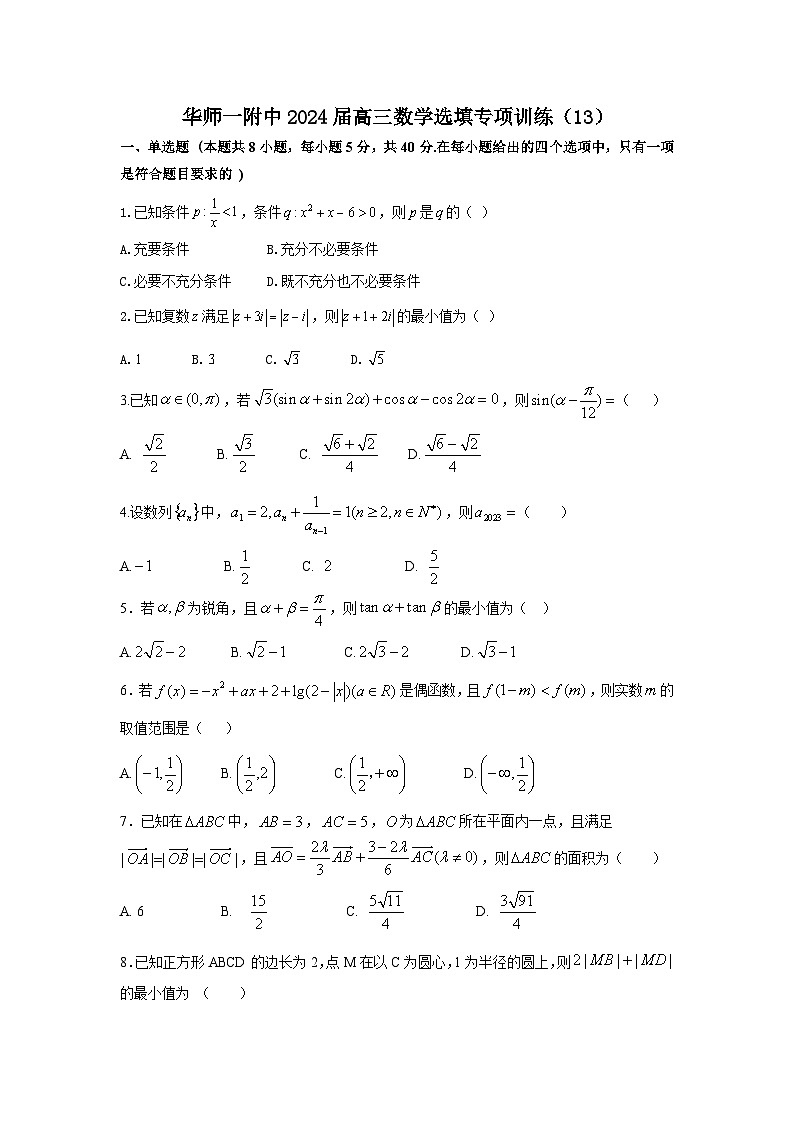 华师一附中2024届高三数学选填专项训练（13）01