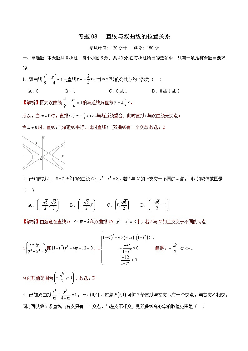 专题08 直线与双曲线的位置关系(解析版)第1页