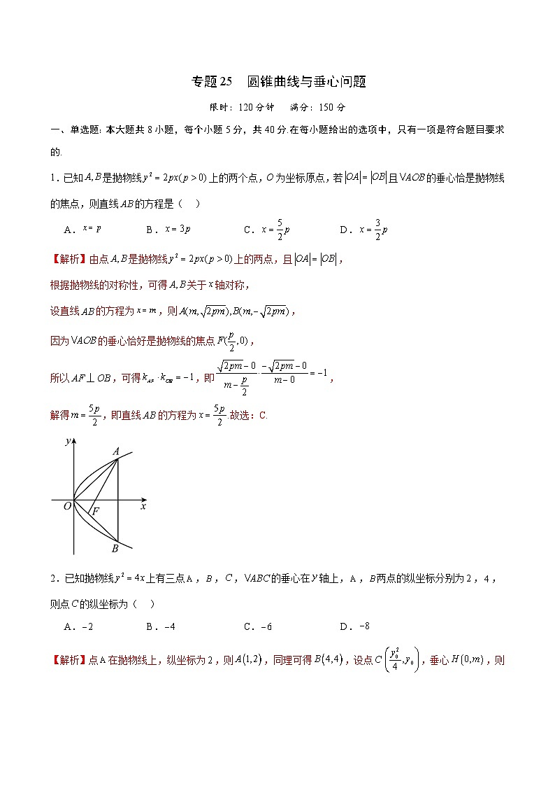 专题25 圆锥曲线与垂心问题-备战2024年新高考数学之圆锥曲线专项高分突破（新高考专用）01
