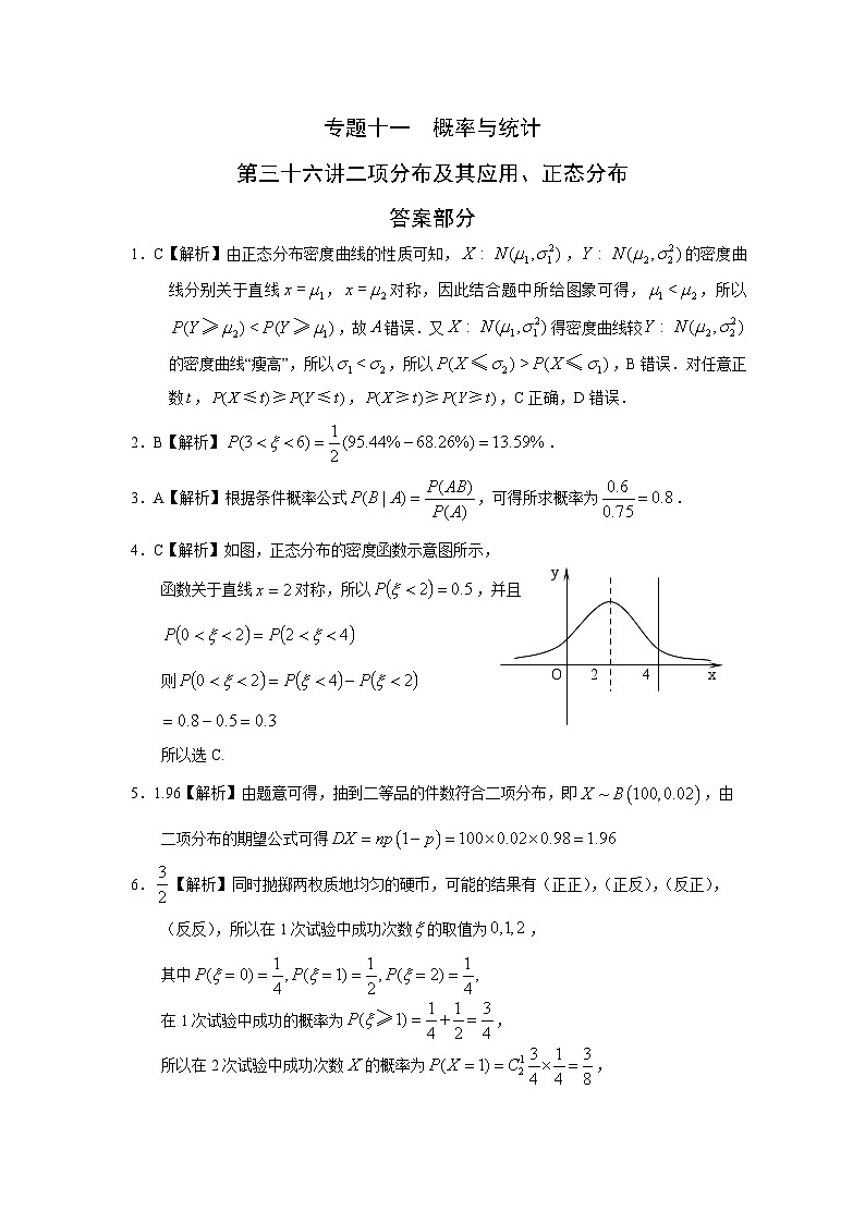 2024年高考数学重难点突破专题十一  概率与统计第三十六讲二项分布及其应用、正态分布答案166第1页