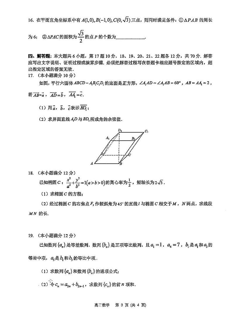 广东省东莞市2023-2024高二上学期期末质量检测数学试卷及答案03
