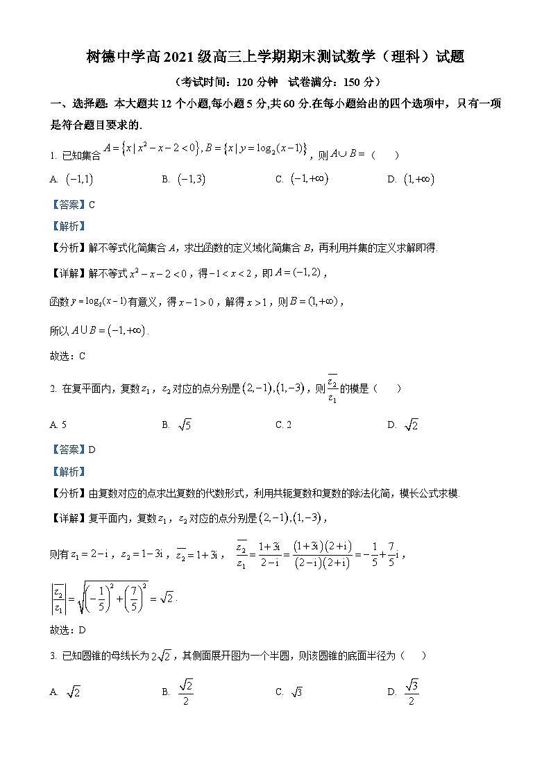 四川省成都市树德中学2024届高三上学期期末数学（理）试题（教师版）第1页