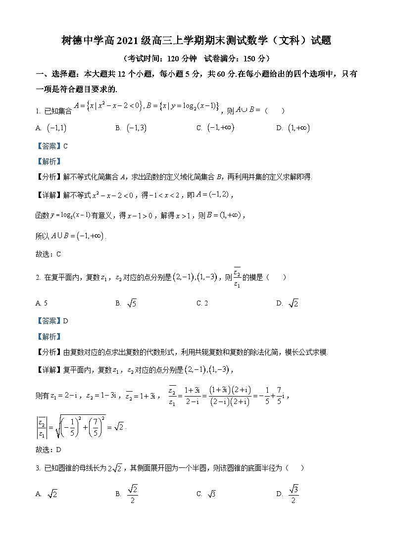 四川省成都市树德中学2024届高三上学期期末数学（文）试题（教师版）第1页